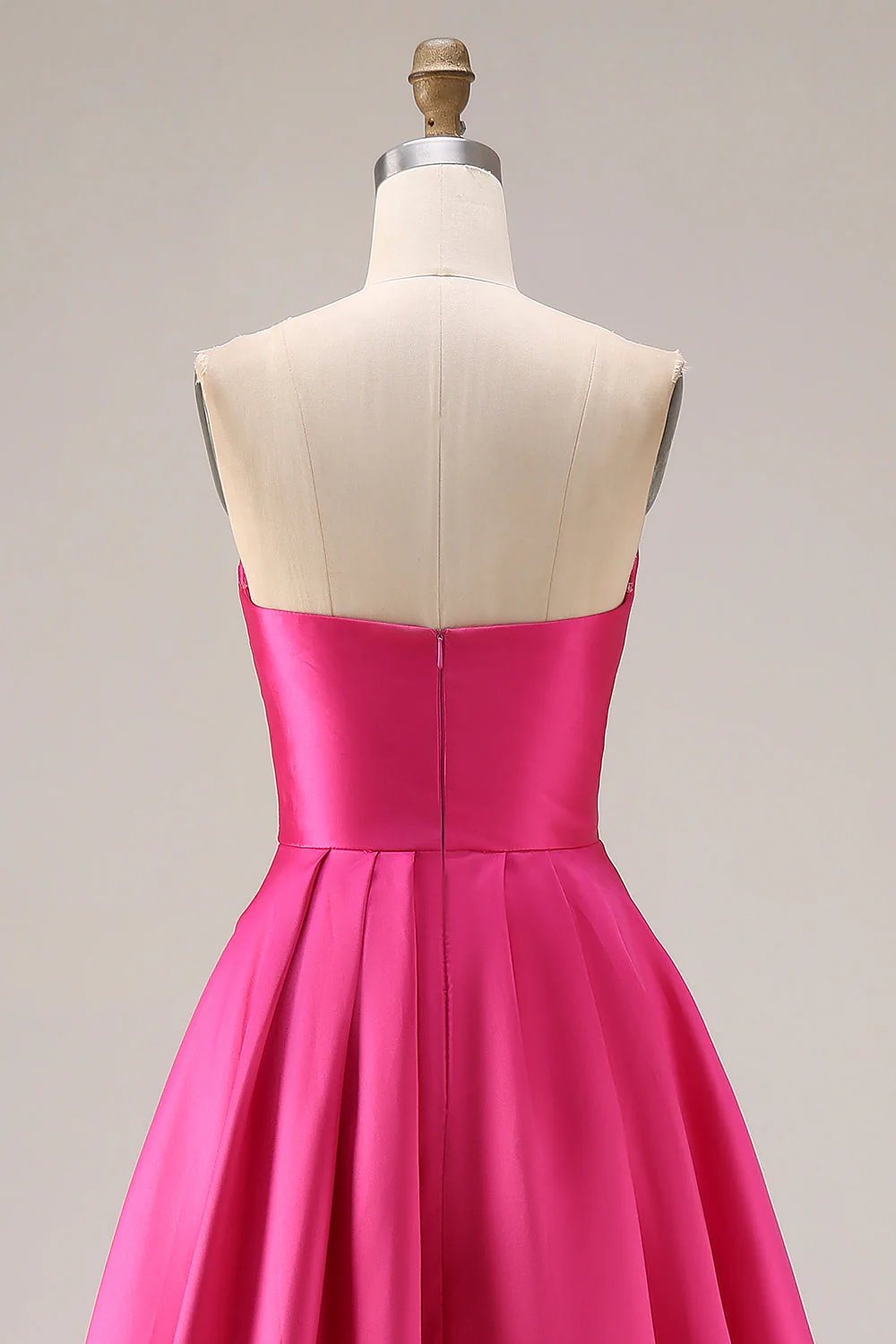 Strapless Hot Pink A-Line Pleated Bodice Satin Long Prom Dress - Image 5