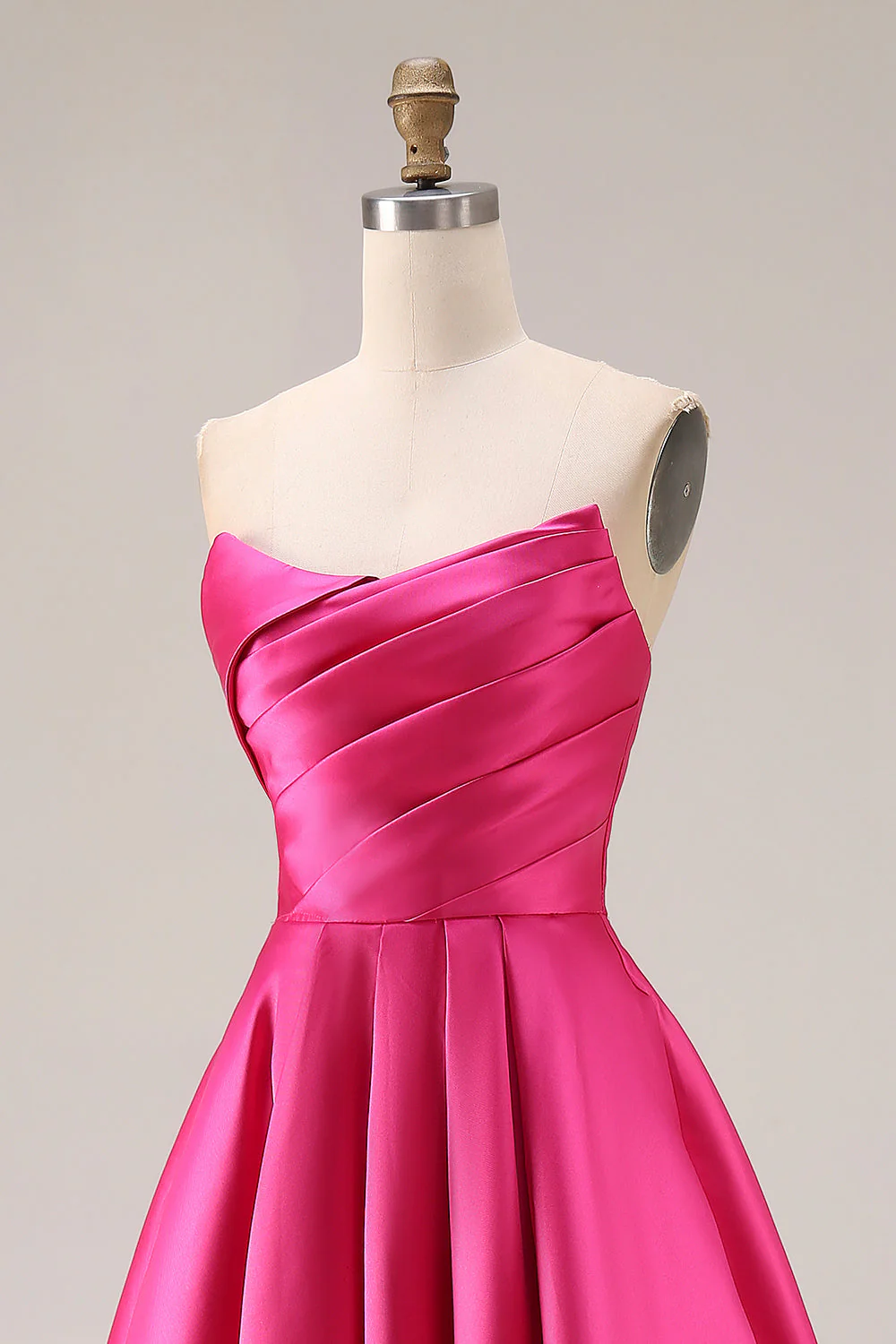 Strapless Hot Pink A-Line Pleated Bodice Satin Long Prom Dress - Image 6
