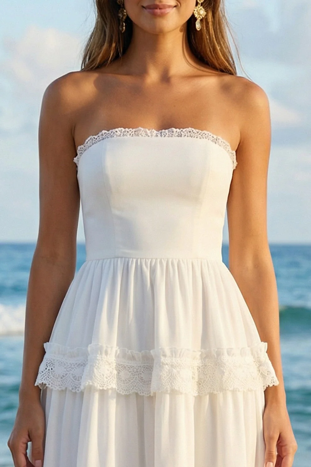 Strapless Ivory A-Line Tiered Long Bridal Shower Dress - Image 3