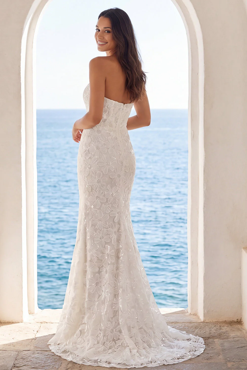 Strapless Ivory Mermaid Floral Long Wedding Dress - Image 2