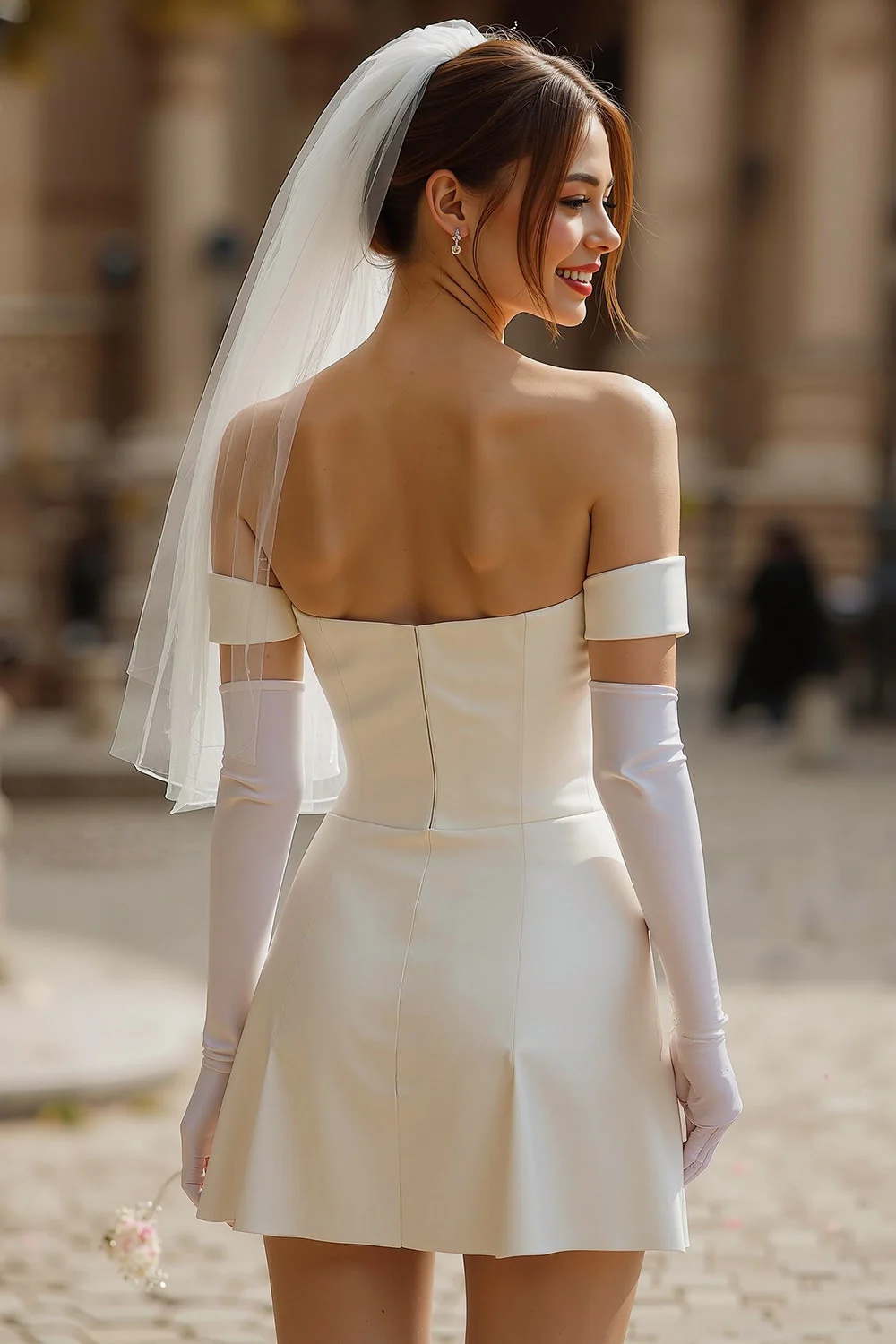 Strapless Ivory Satin Corset Short Wedding Dress without Gloves - Image 2