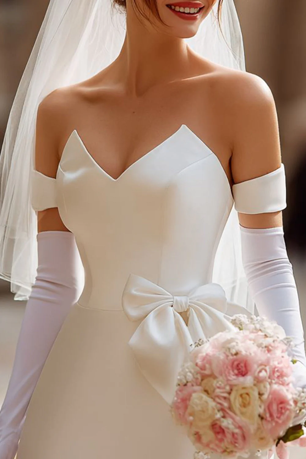 Strapless Ivory Satin Corset Short Wedding Dress without Gloves - Image 3