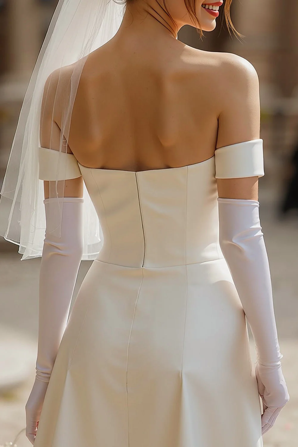 Strapless Ivory Satin Corset Short Wedding Dress without Gloves - Image 4