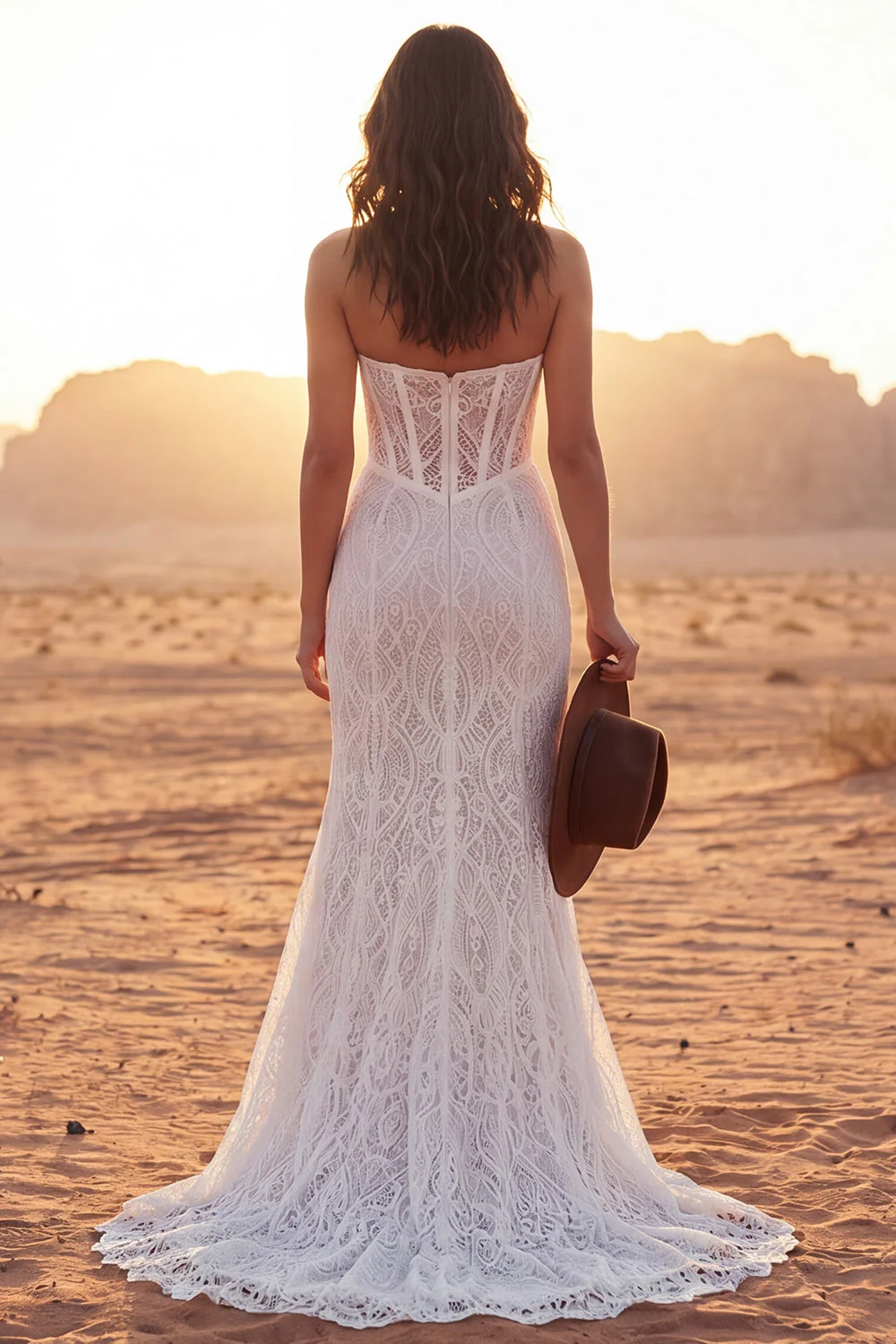 Strapless Ivory Corset Lace Boho Wedding Dress with Slit - Image 2