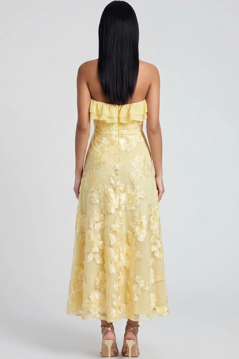 Strapless Light Blue Embroidery A Line Maxi Floral Dress with Ruffles - Image 10