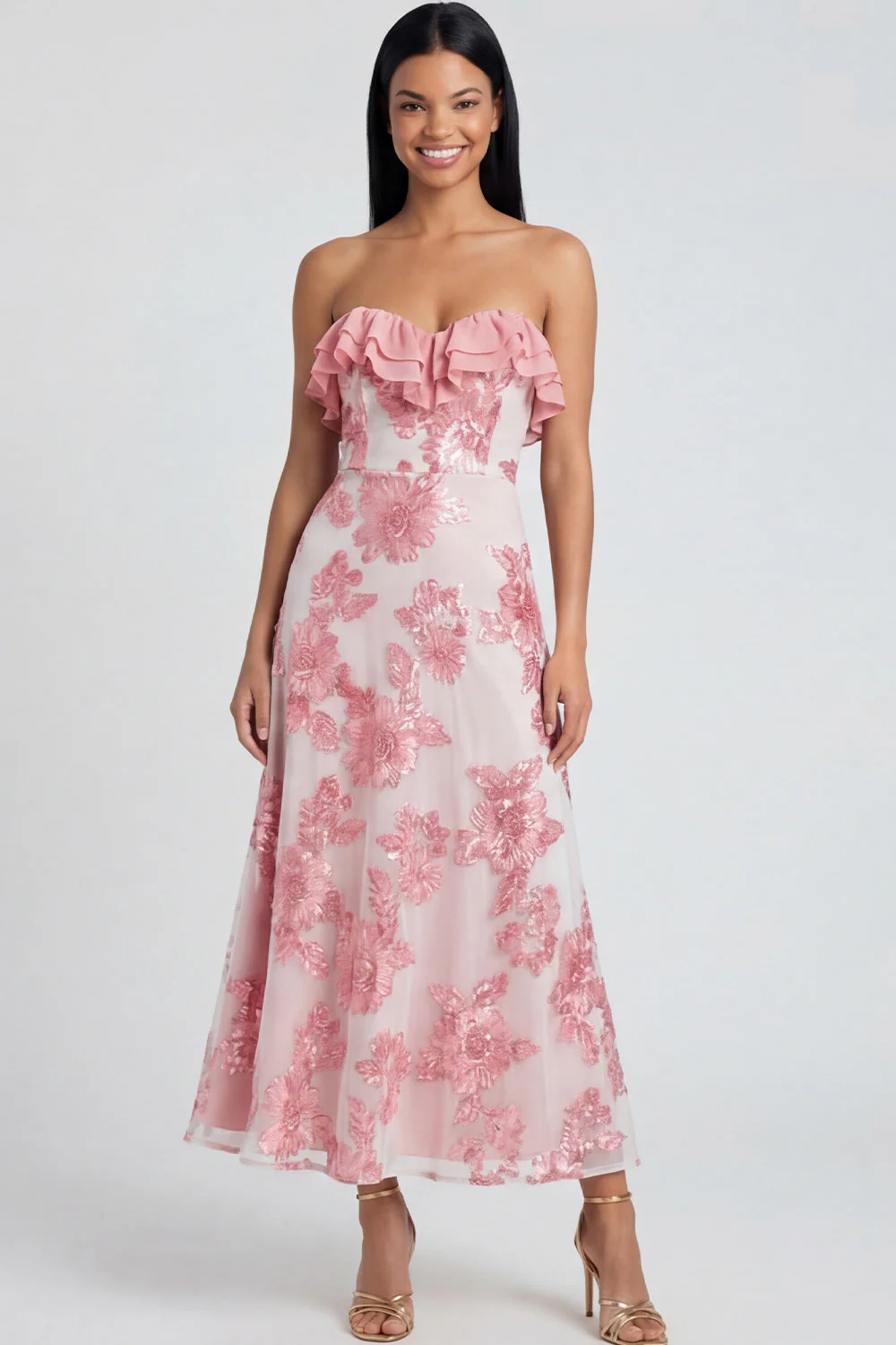 Strapless Light Blue Embroidery A Line Maxi Floral Dress with Ruffles - Image 11