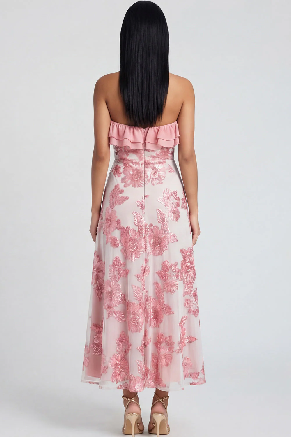 Strapless Light Blue Embroidery A Line Maxi Floral Dress with Ruffles - Image 12