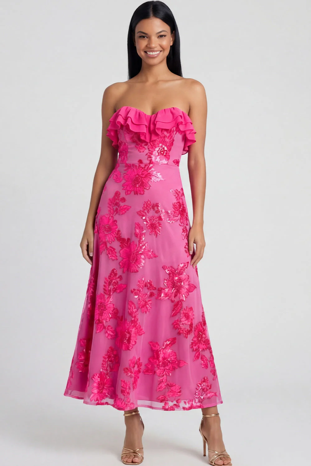 Strapless Light Blue Embroidery A Line Maxi Floral Dress with Ruffles - Image 13
