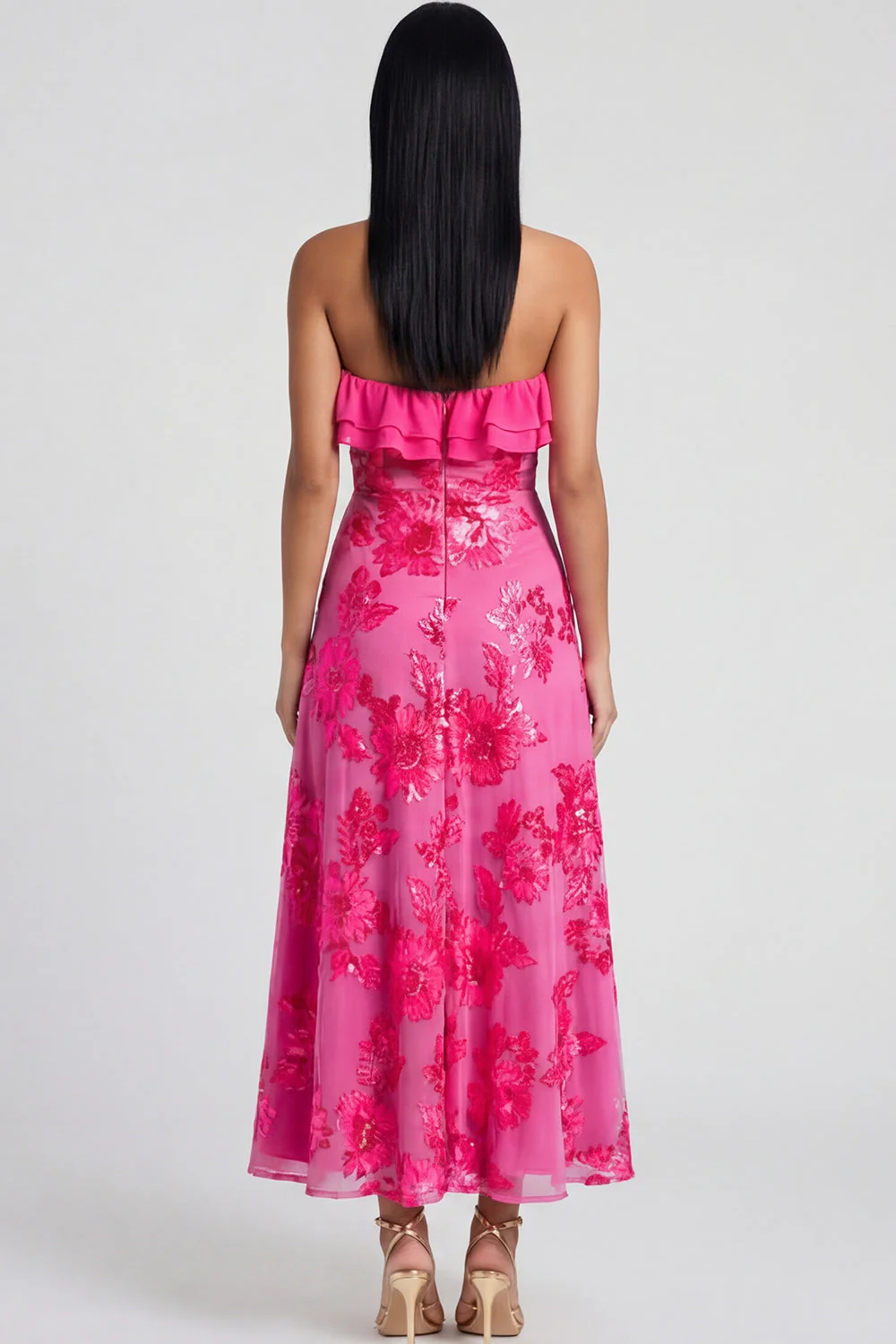 Strapless Light Blue Embroidery A Line Maxi Floral Dress with Ruffles - Image 14