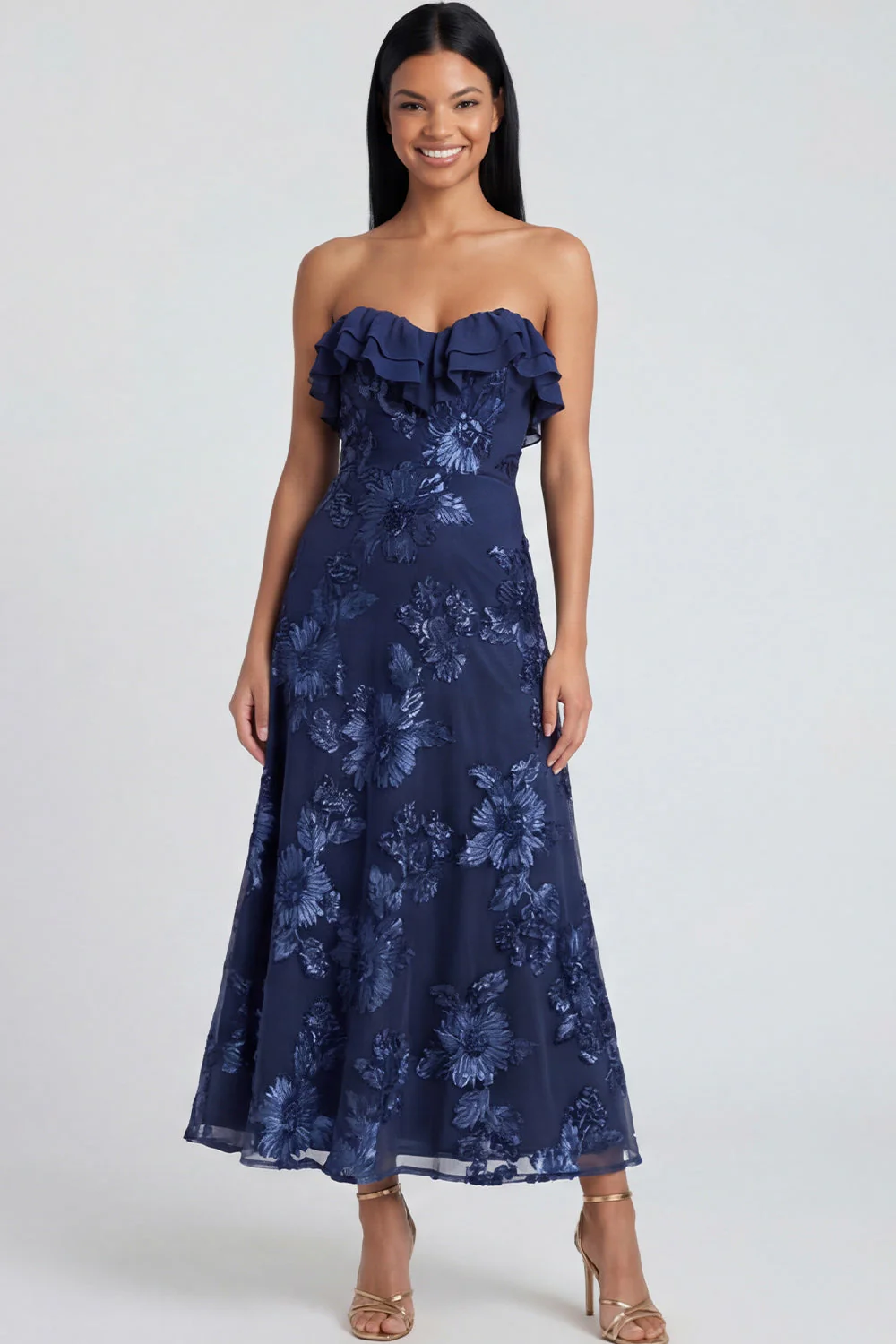 Strapless Light Blue Embroidery A Line Maxi Floral Dress with Ruffles - Image 15