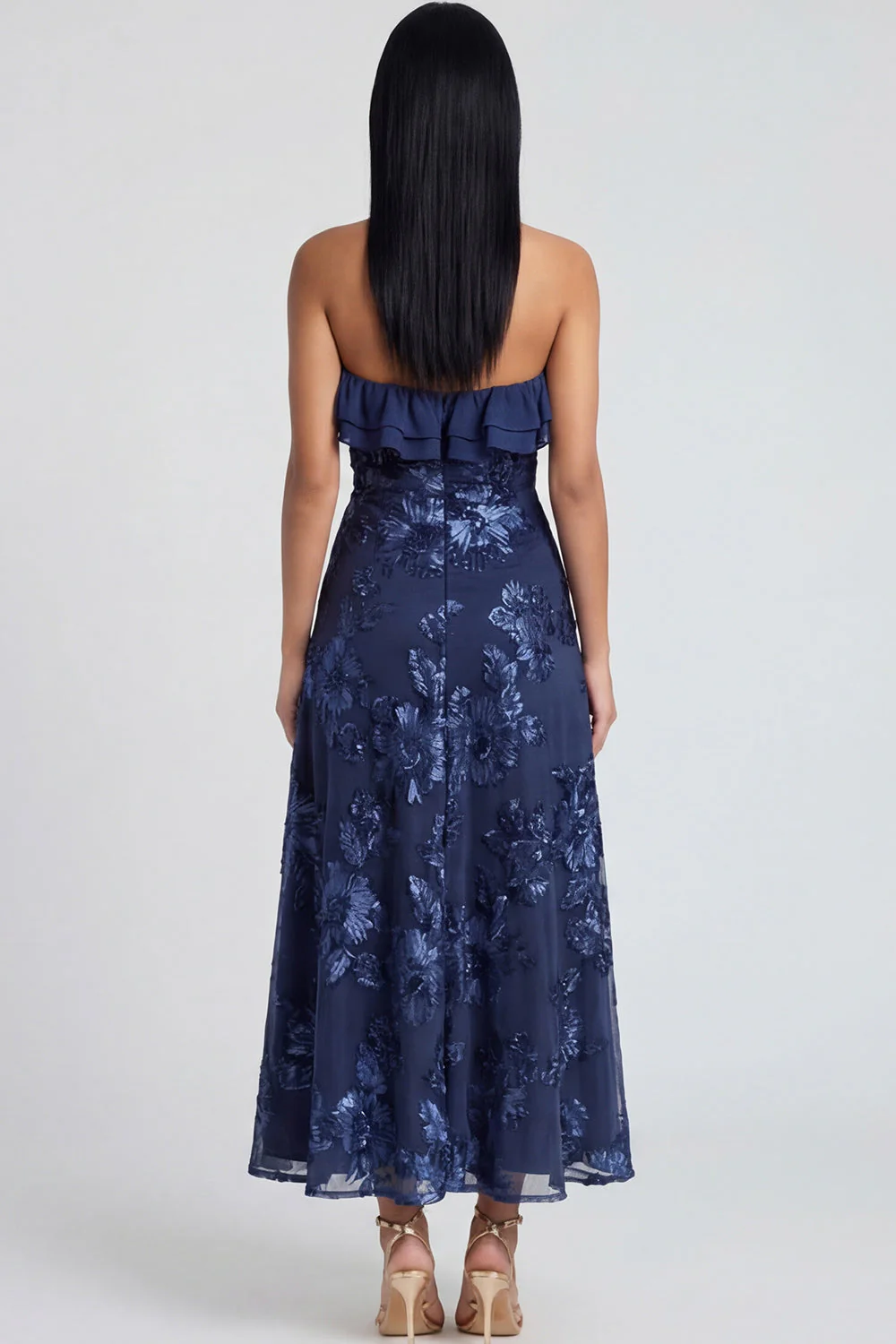 Strapless Light Blue Embroidery A Line Maxi Floral Dress with Ruffles - Image 16