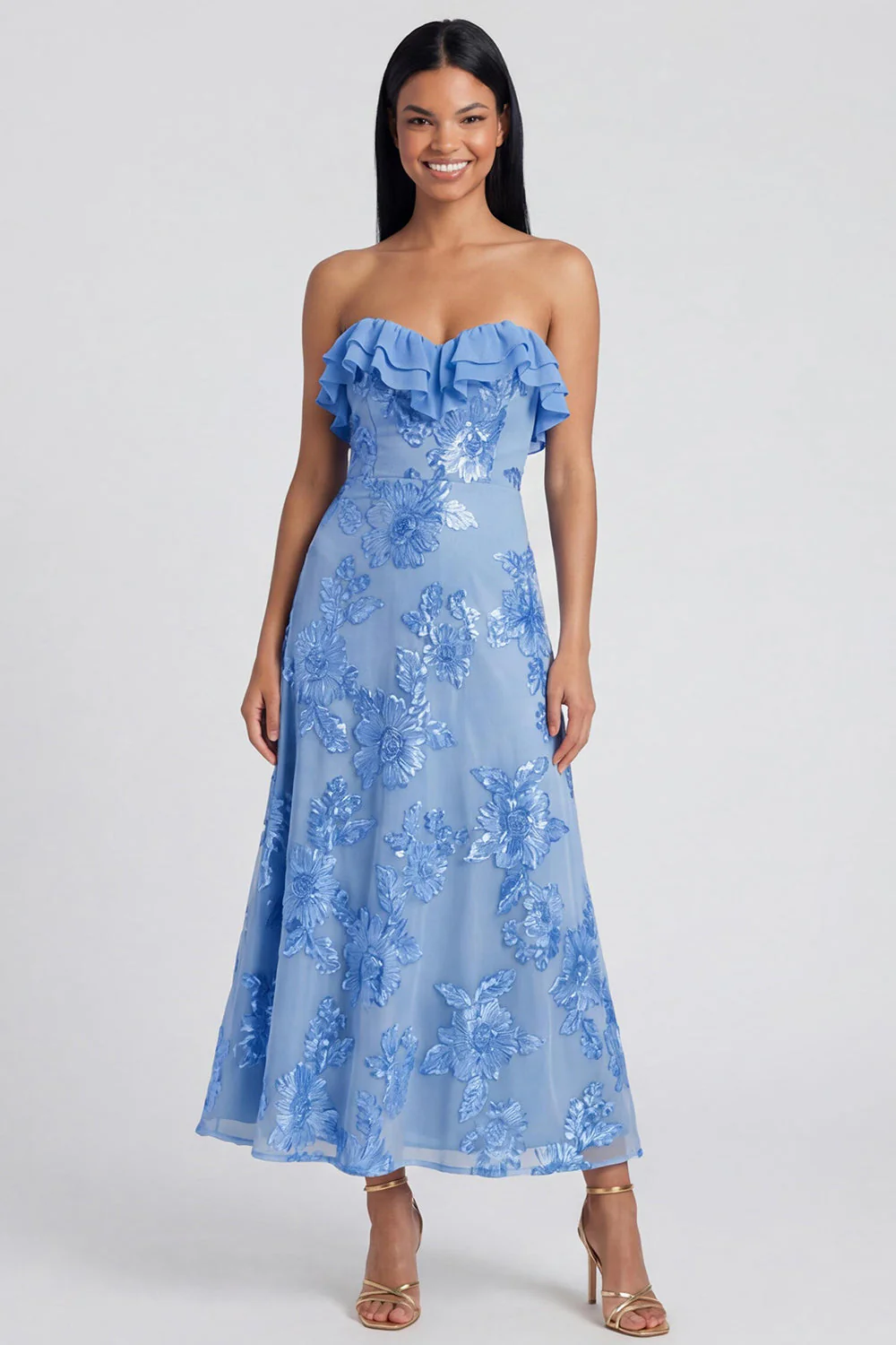 Strapless Light Blue Embroidery A Line Maxi Floral Dress with Ruffles - Image 2