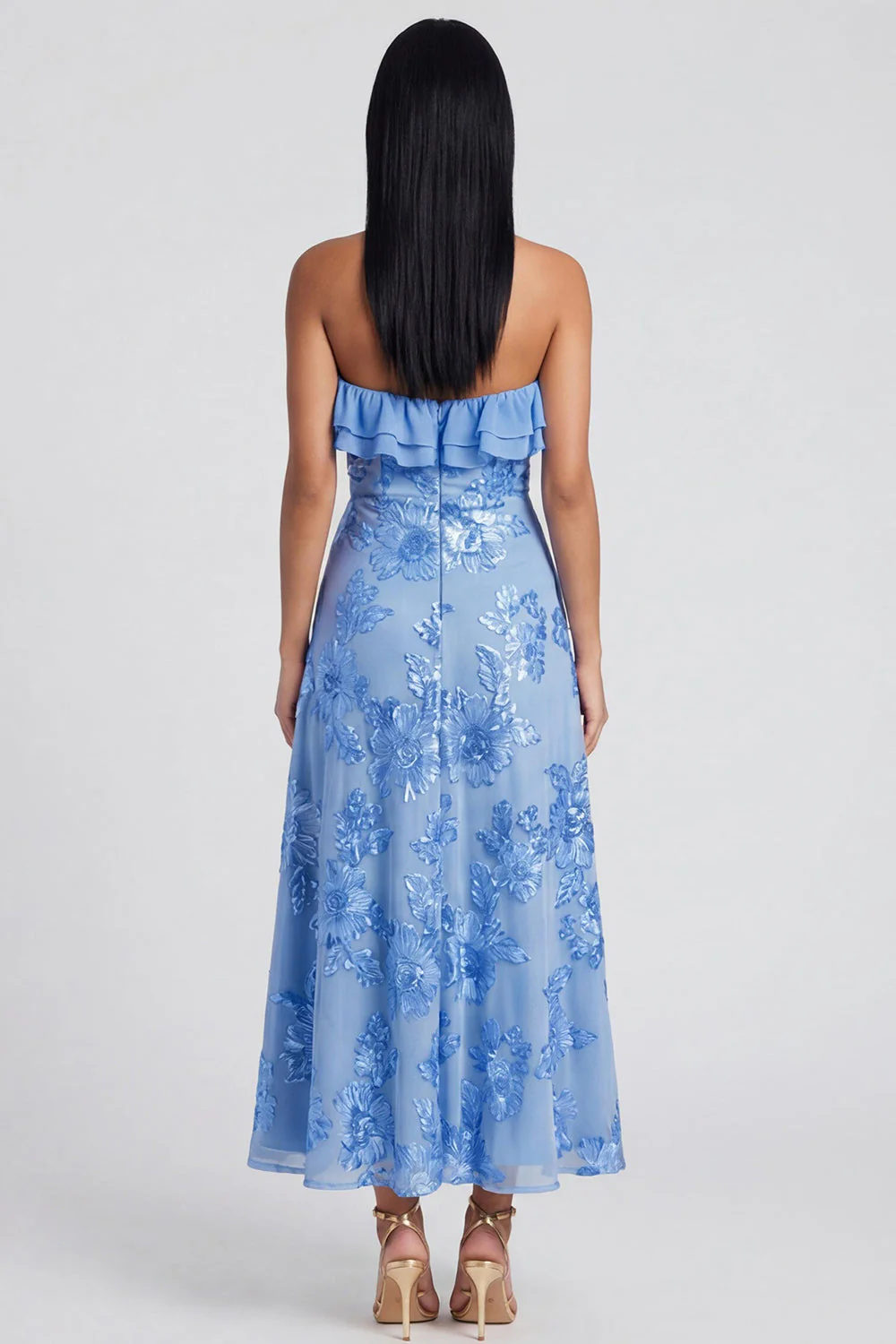 Strapless Light Blue Embroidery A Line Maxi Floral Dress with Ruffles - Image 3