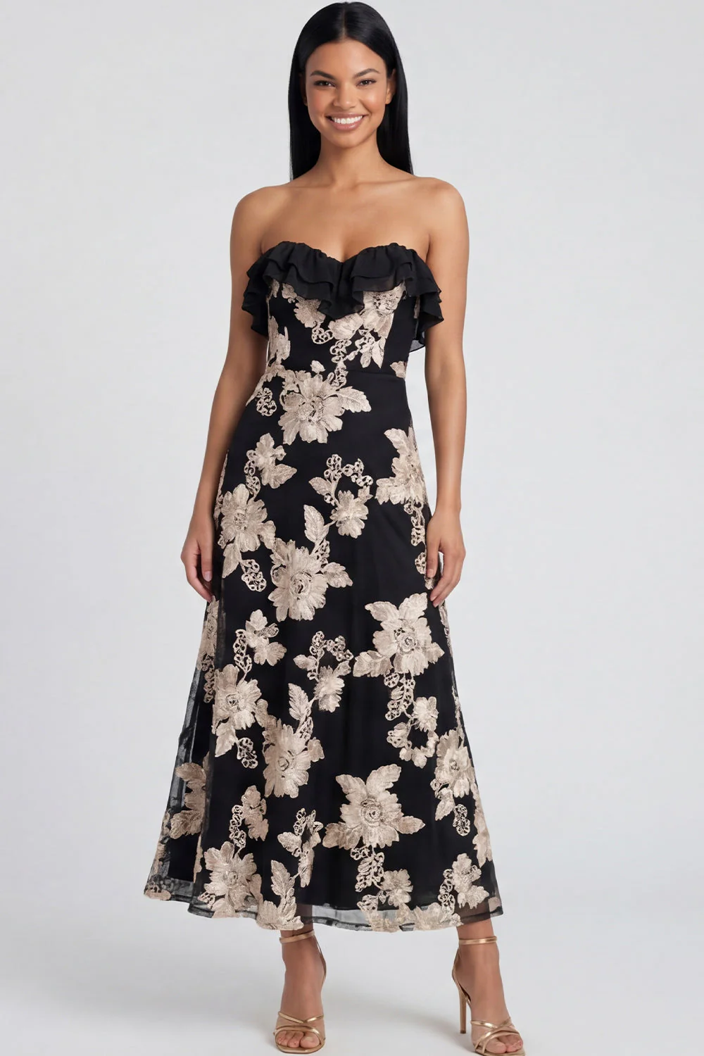 Strapless Light Blue Embroidery A Line Maxi Floral Dress with Ruffles - Image 5