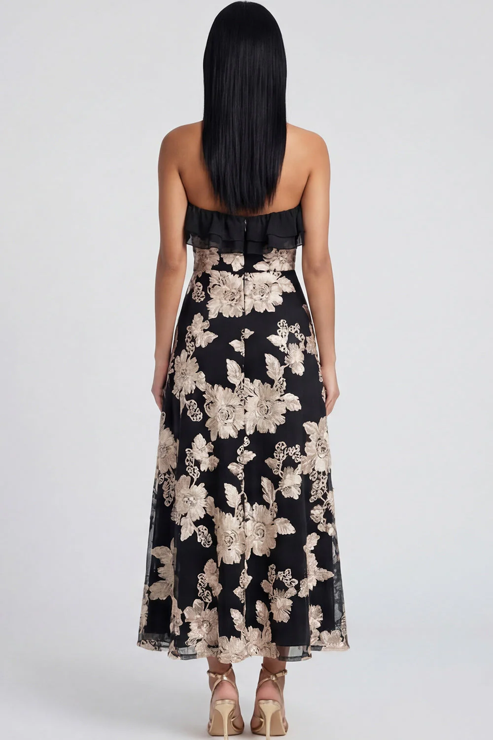 Strapless Light Blue Embroidery A Line Maxi Floral Dress with Ruffles - Image 6