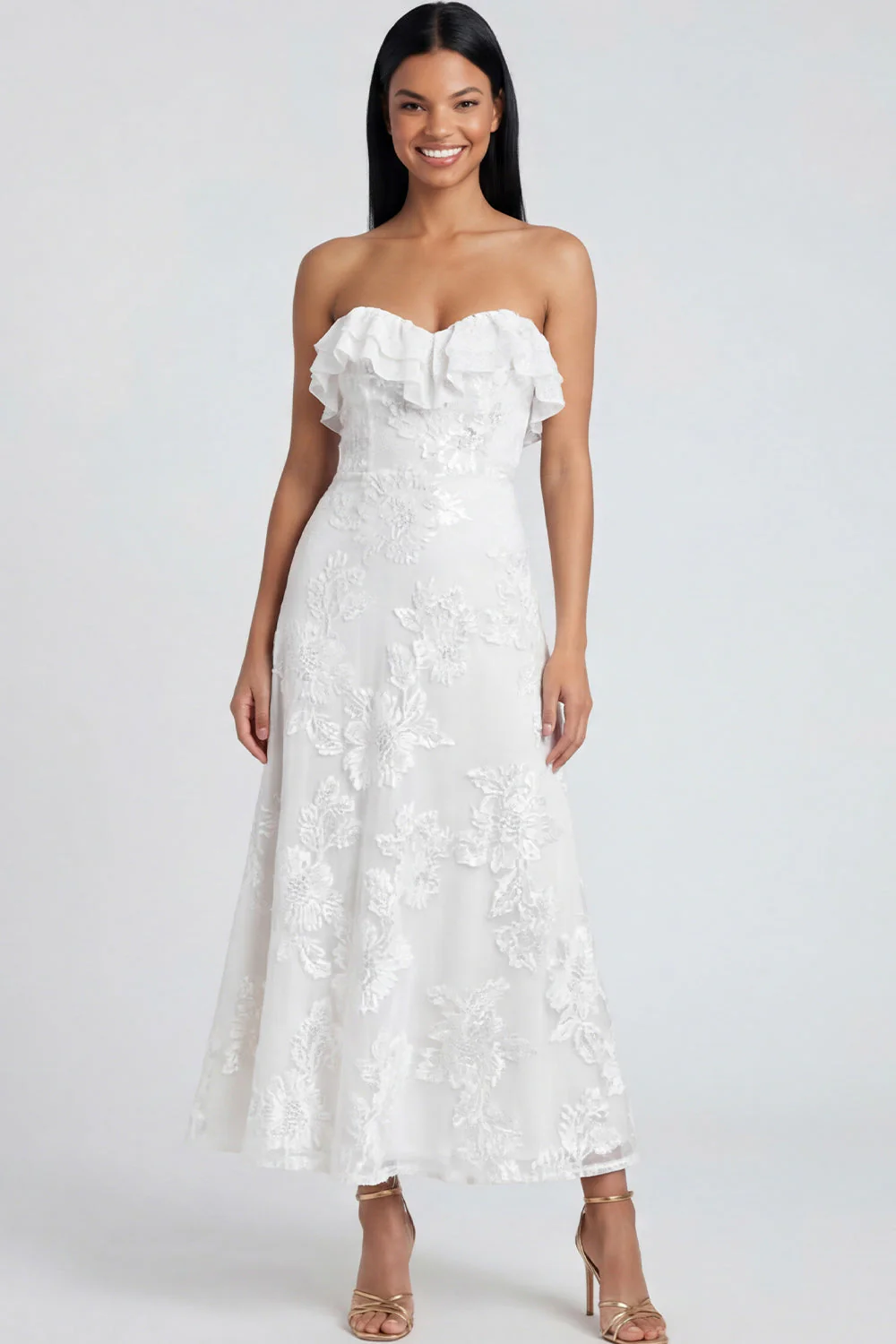 Strapless Light Blue Embroidery A Line Maxi Floral Dress with Ruffles - Image 7
