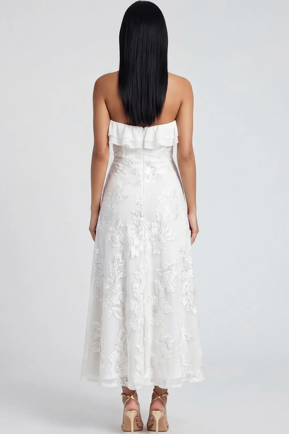 Strapless Light Blue Embroidery A Line Maxi Floral Dress with Ruffles - Image 8