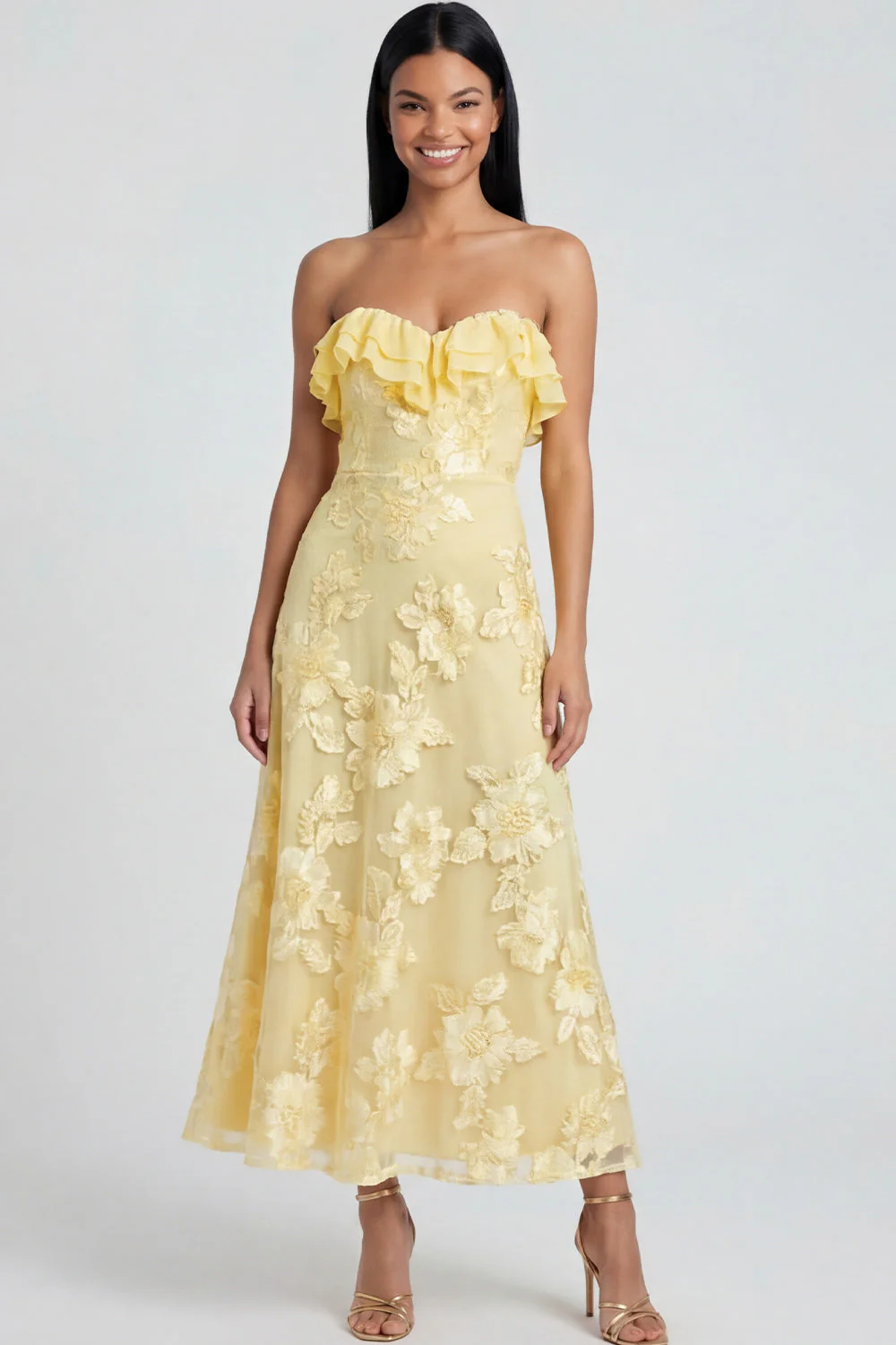 Strapless Light Blue Embroidery A Line Maxi Floral Dress with Ruffles - Image 9