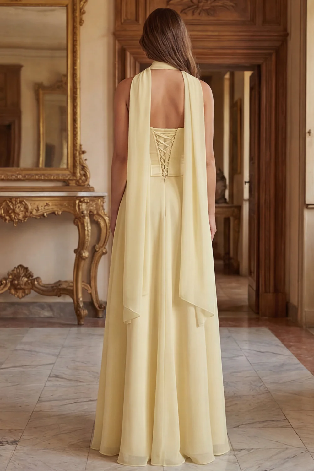 Strapless Light Yellow A Line Long Bridesmaid Dress with Streamer - Image 2