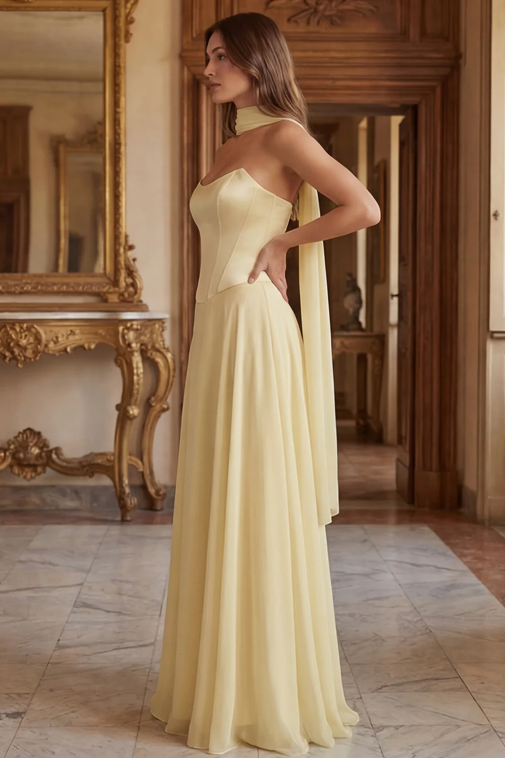 Strapless Light Yellow A Line Long Bridesmaid Dress with Streamer - Image 3