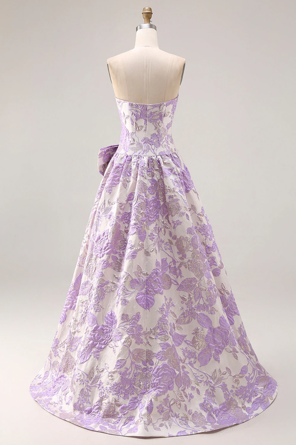 Strapless Lilac A-Line Jacquard Brocade Long Prom Dress with Bow - Image 2