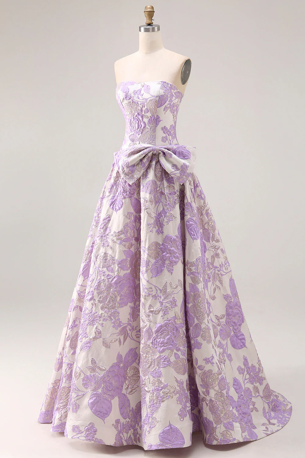 Strapless Lilac A-Line Jacquard Brocade Long Prom Dress with Bow - Image 3