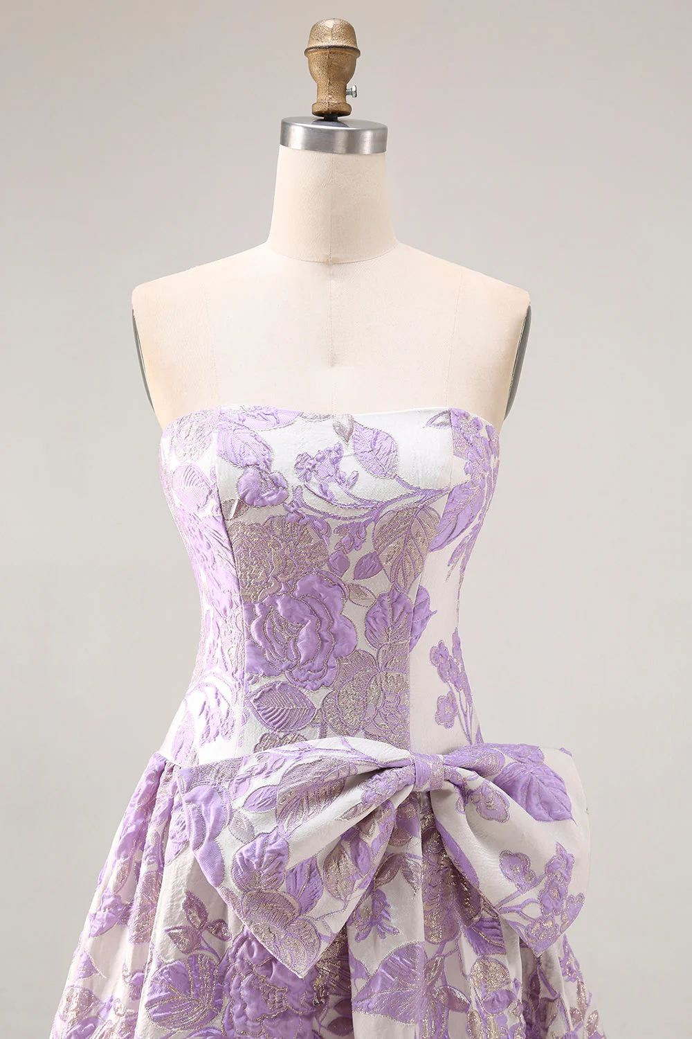 Strapless Lilac A-Line Jacquard Brocade Long Prom Dress with Bow - Image 4