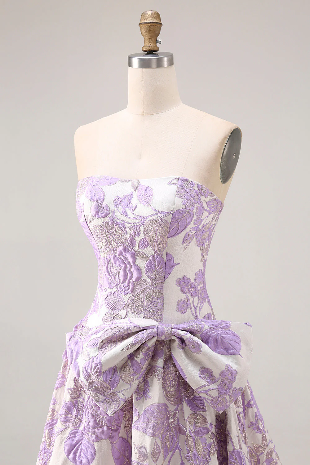 Strapless Lilac A-Line Jacquard Brocade Long Prom Dress with Bow - Image 5