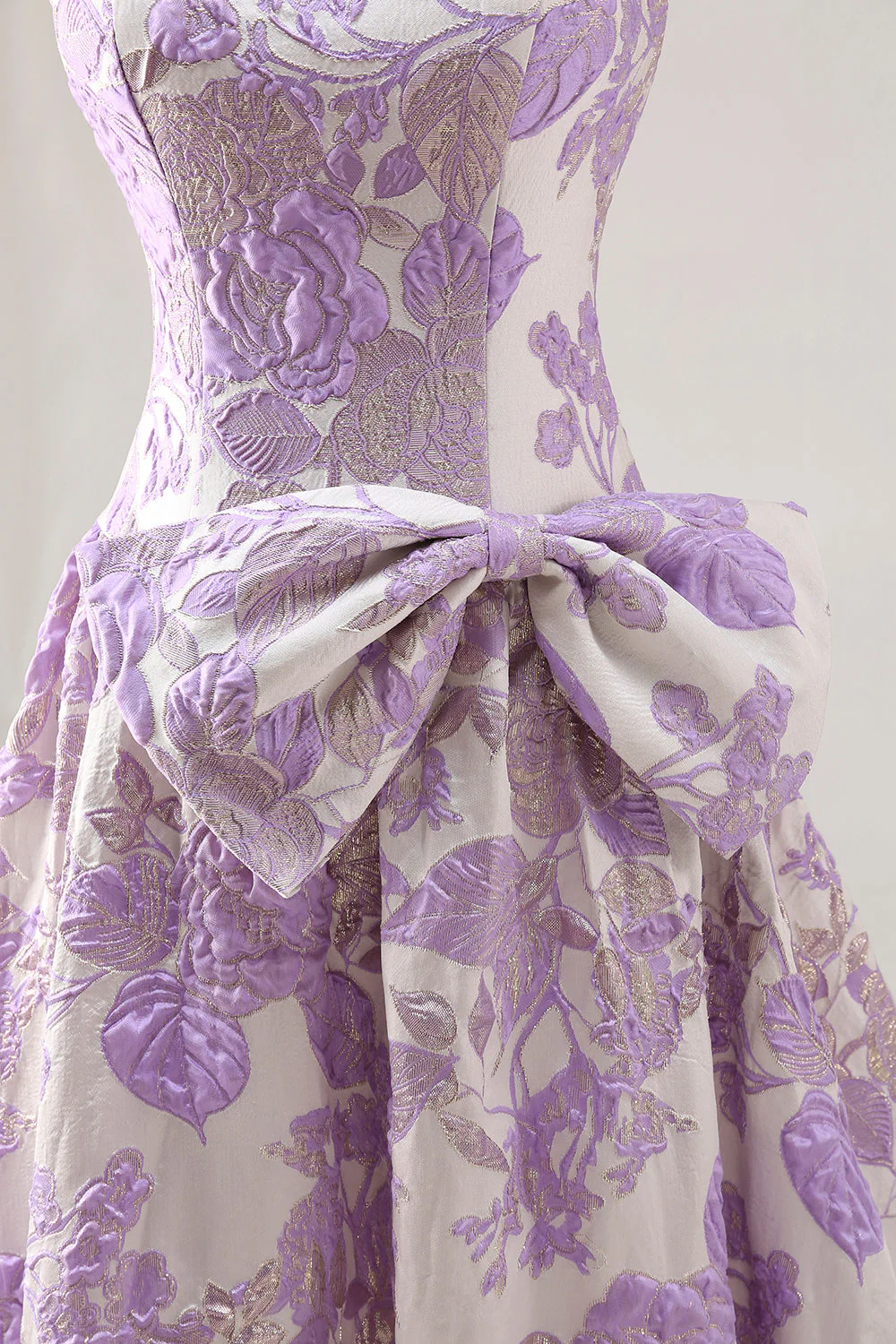 Strapless Lilac A-Line Jacquard Brocade Long Prom Dress with Bow - Image 6