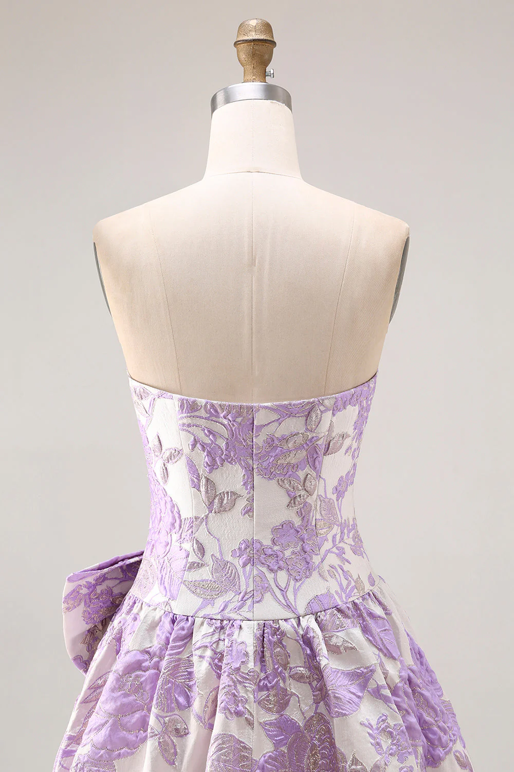 Strapless Lilac A-Line Jacquard Brocade Long Prom Dress with Bow - Image 7
