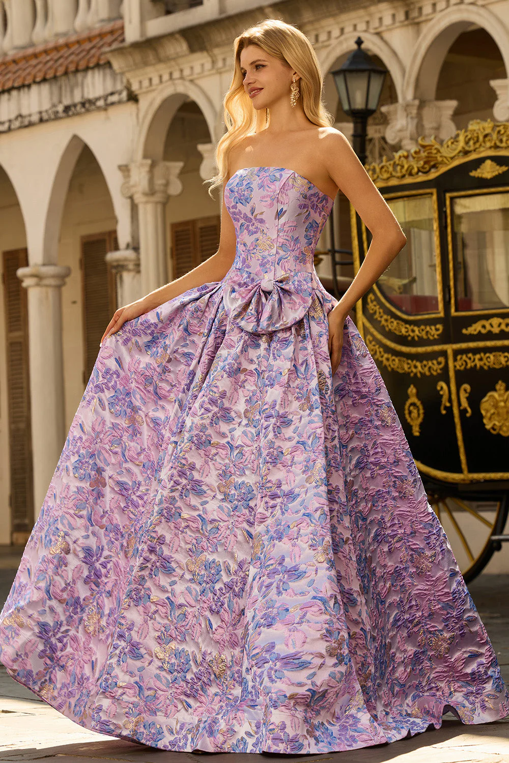 Strapless Lilac A-Line Ruched Jacquard Satin Brocade Long Prom Dress with Bow - Image 4