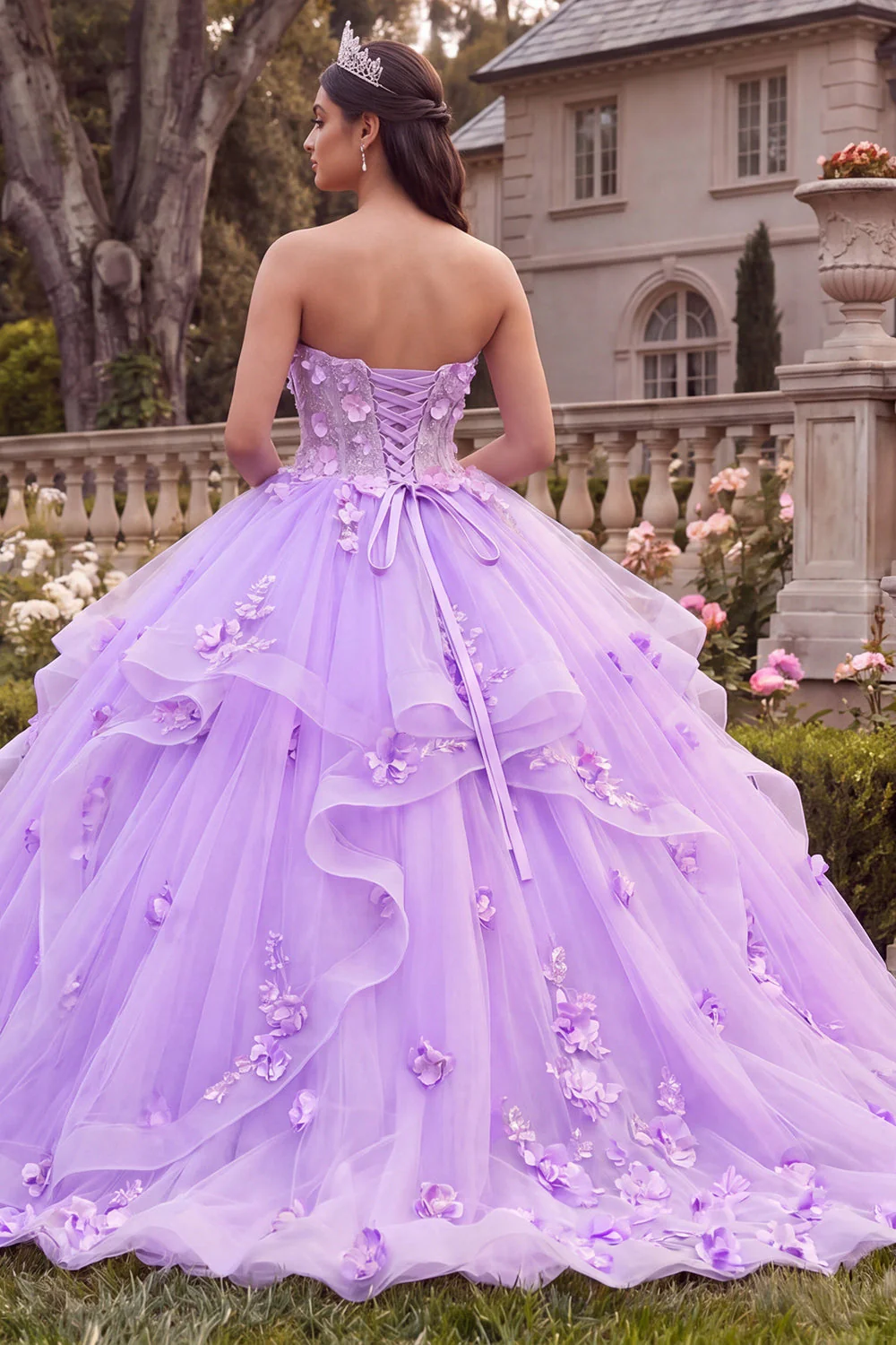 Strapless Lilac Ball Gown Ruffled Quinceanera Dress with 3D Flowers - Image 2