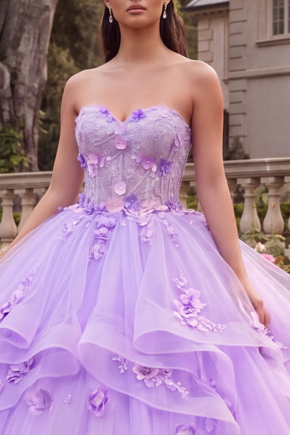 Strapless Lilac Ball Gown Ruffled Quinceanera Dress with 3D Flowers - Image 3
