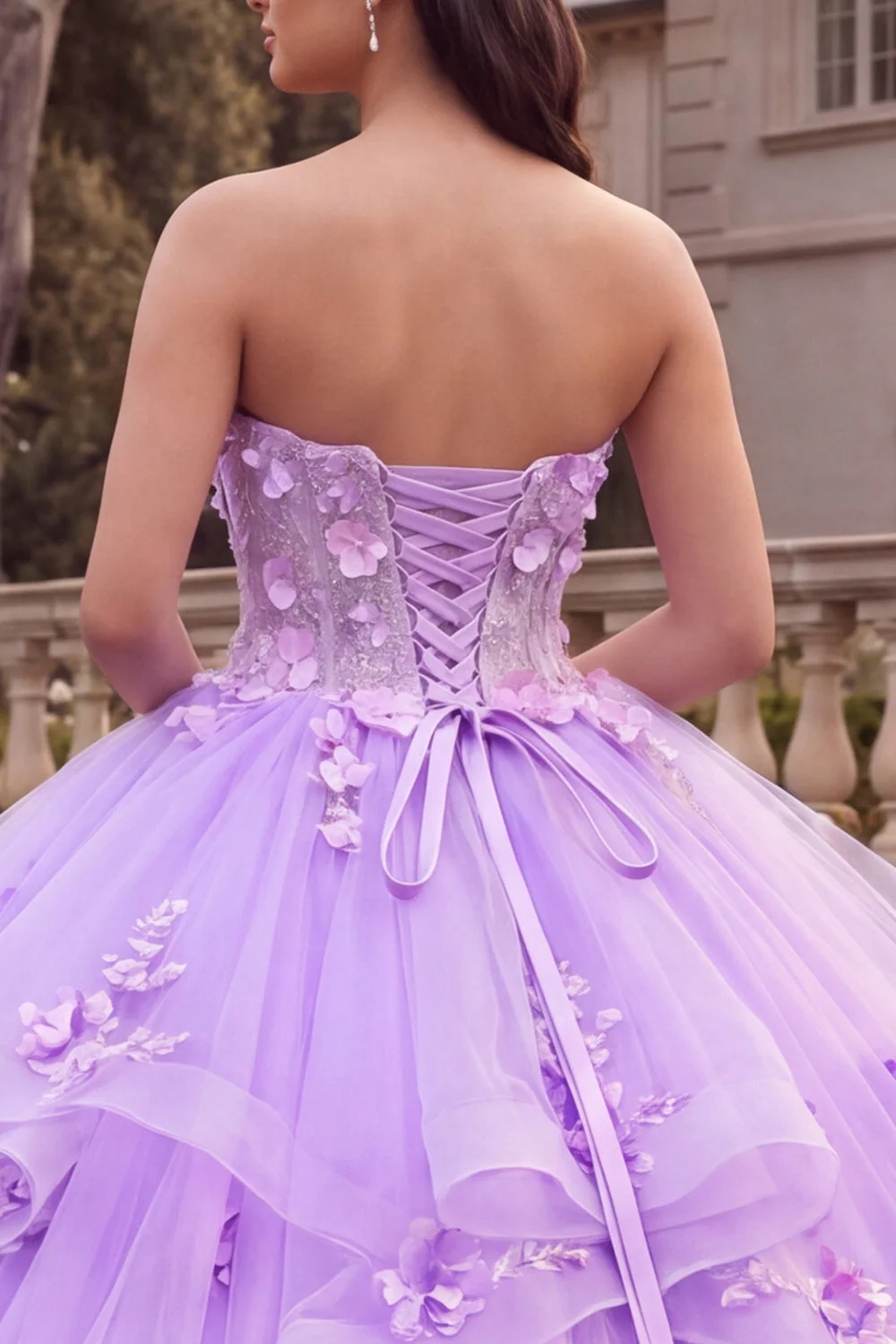 Strapless Lilac Ball Gown Ruffled Quinceanera Dress with 3D Flowers - Image 4