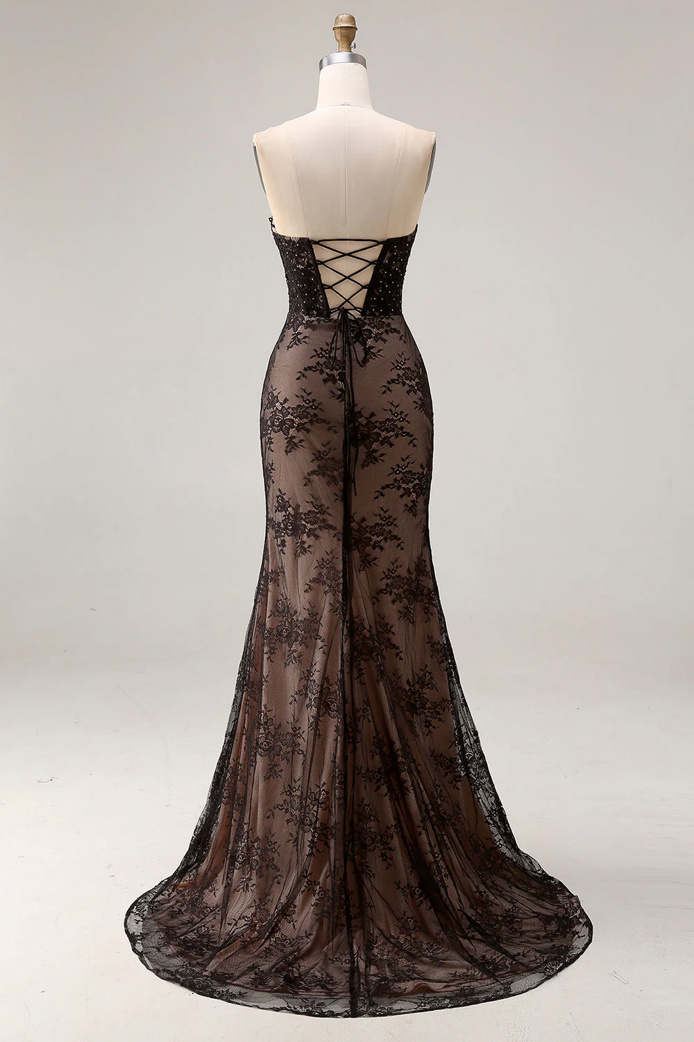 Strapless Mermaid Beaded Rose Black Lace Long Prom Dress with Slit - Image 2