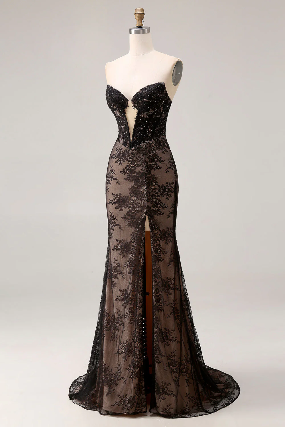 Strapless Mermaid Beaded Rose Black Lace Long Prom Dress with Slit - Image 3
