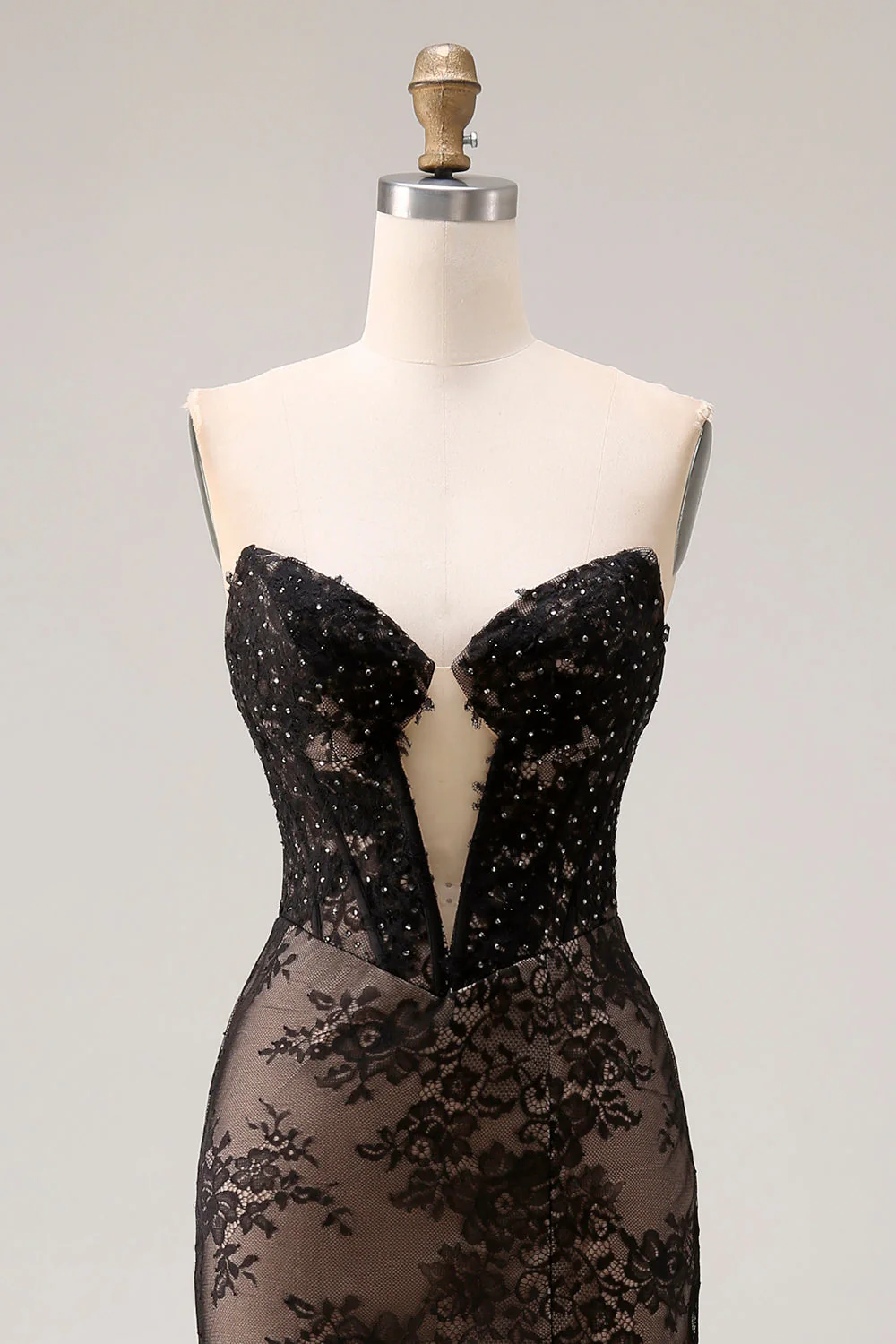 Strapless Mermaid Beaded Rose Black Lace Long Prom Dress with Slit - Image 4