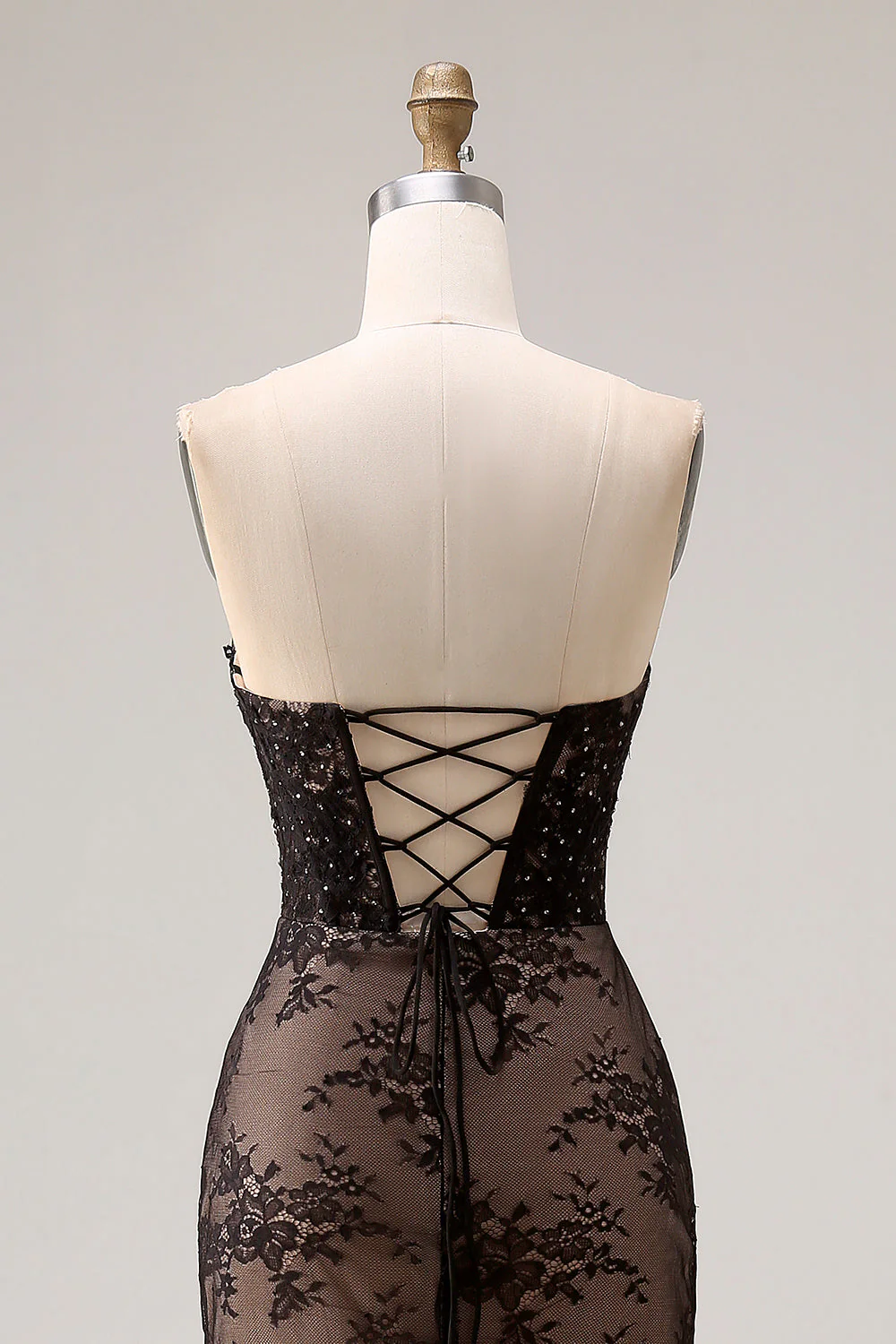 Strapless Mermaid Beaded Rose Black Lace Long Prom Dress with Slit - Image 5