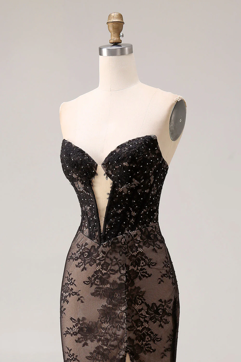 Strapless Mermaid Beaded Rose Black Lace Long Prom Dress with Slit - Image 6