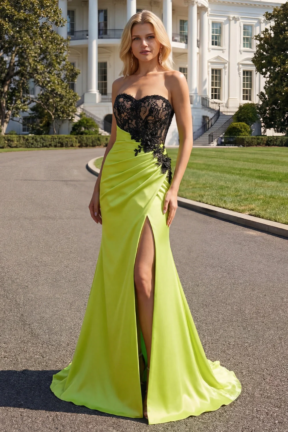 Strapless Mermaid Green Appliqued Lace Long Prom Dress with Slit - Image 2