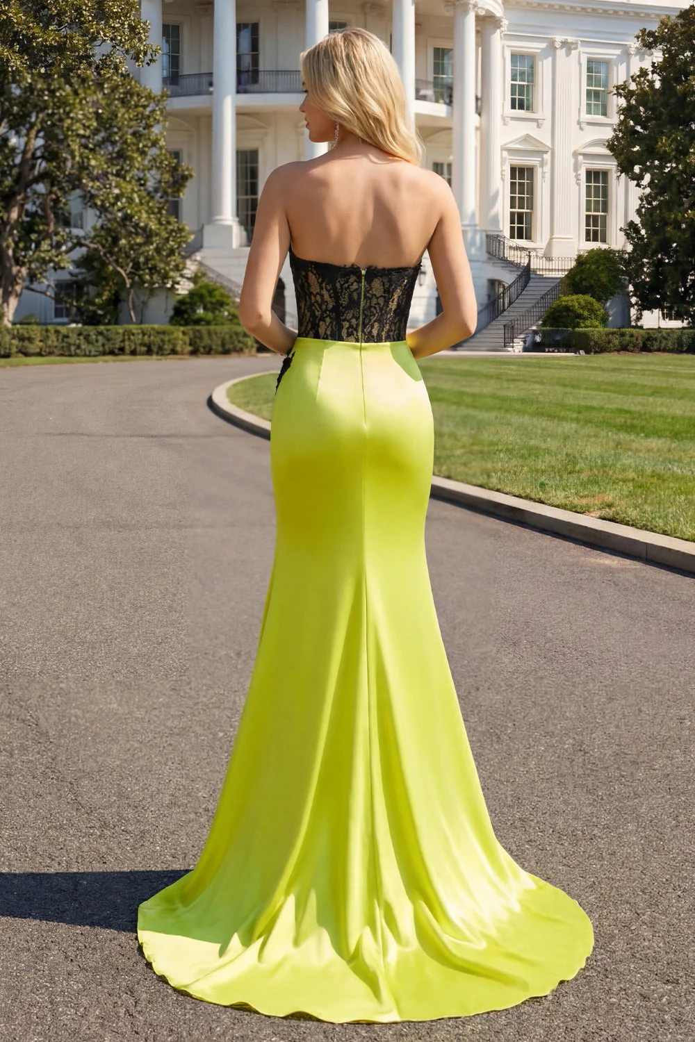 Strapless Mermaid Green Appliqued Lace Long Prom Dress with Slit - Image 3