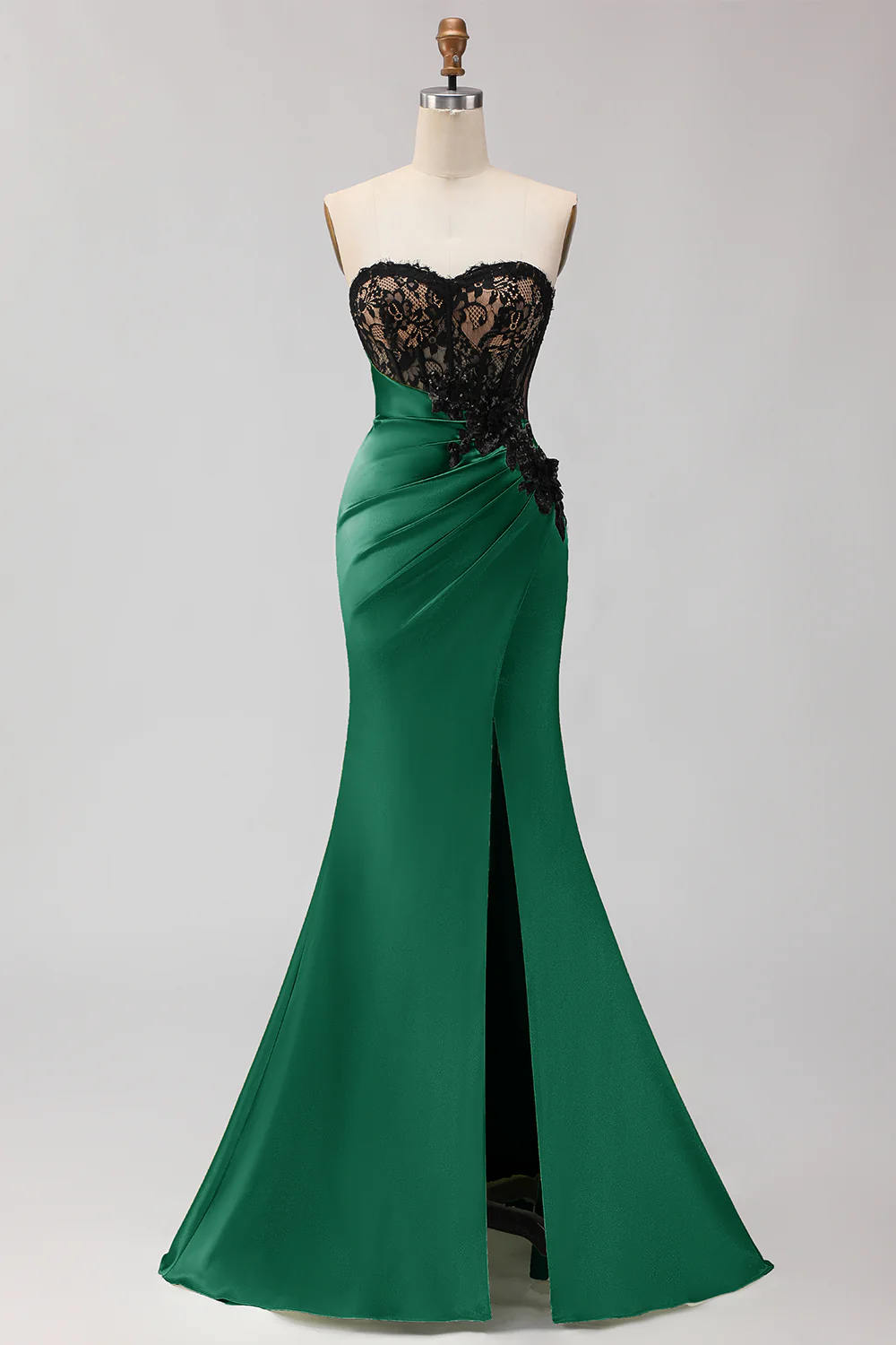 Strapless Mermaid Green Appliqued Lace Long Prom Dress with Slit - Image 9
