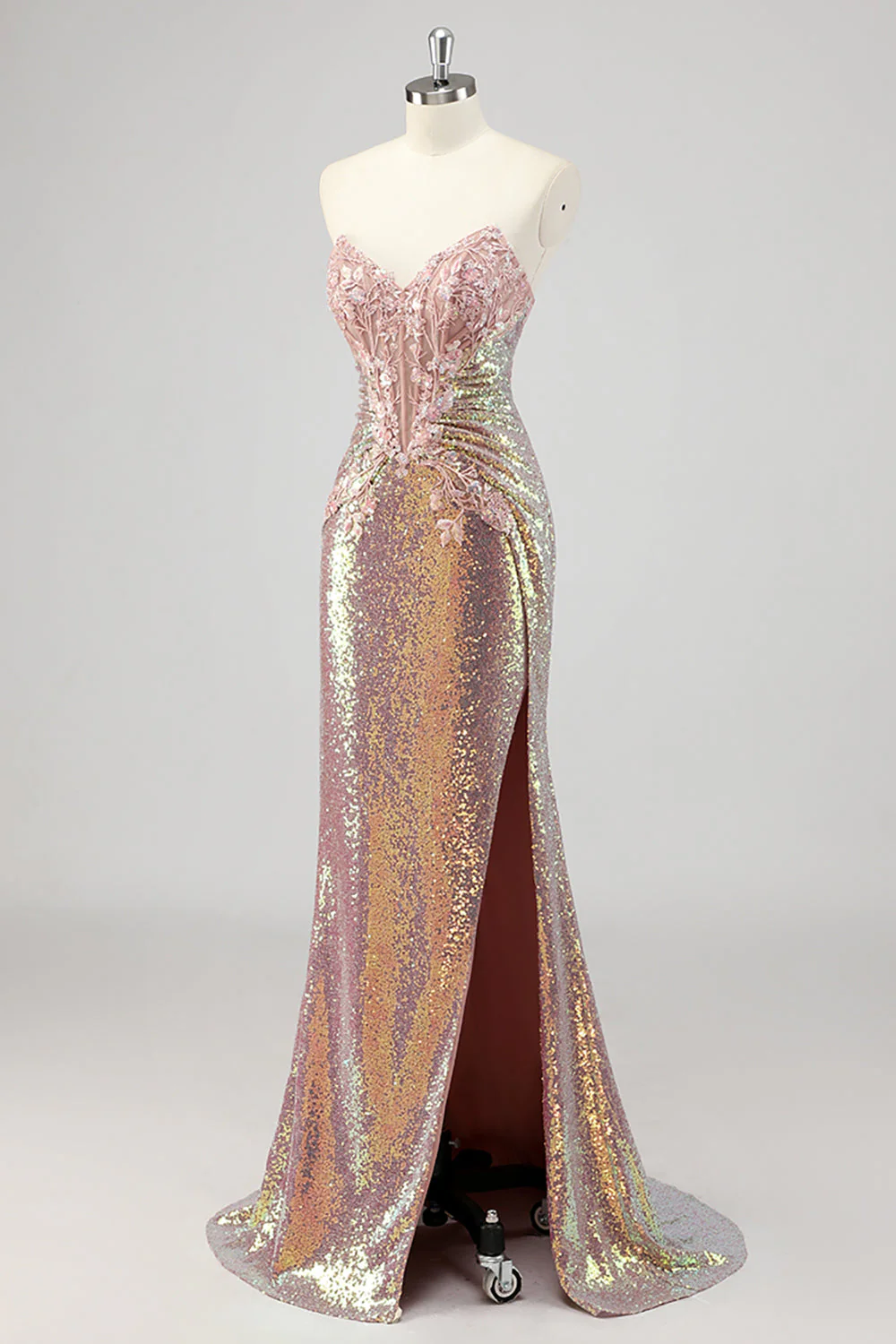 Strapless Mermaid Blush Corset Sequin Prom Dress - Image 3