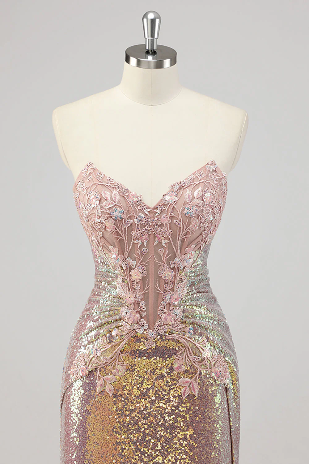Strapless Mermaid Blush Corset Sequin Prom Dress - Image 4