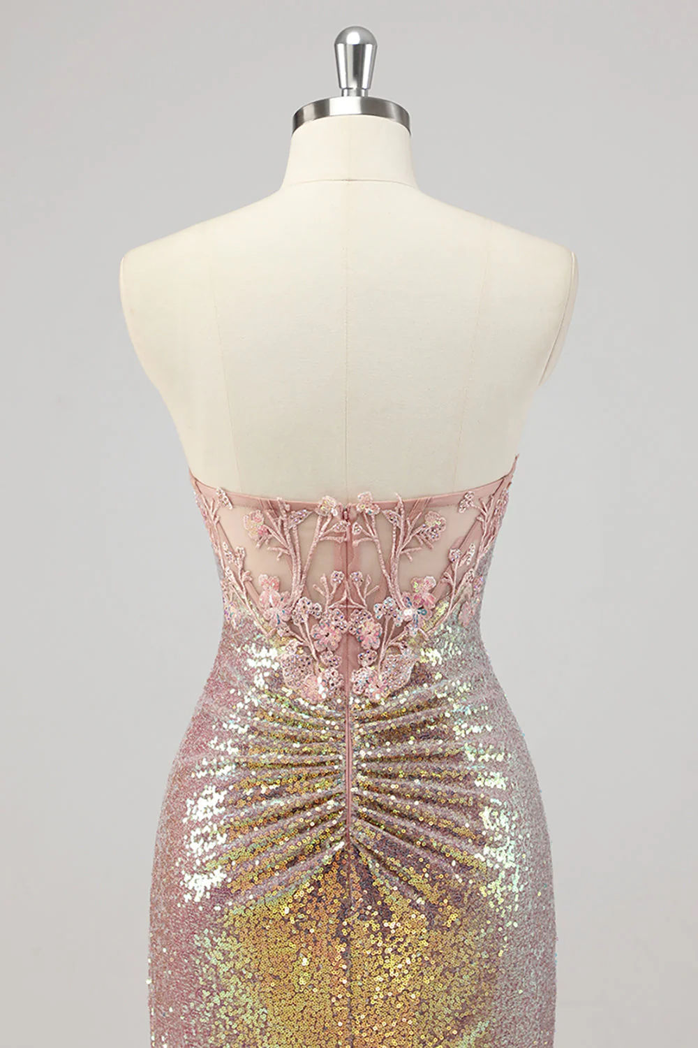 Strapless Mermaid Blush Corset Sequin Prom Dress - Image 5
