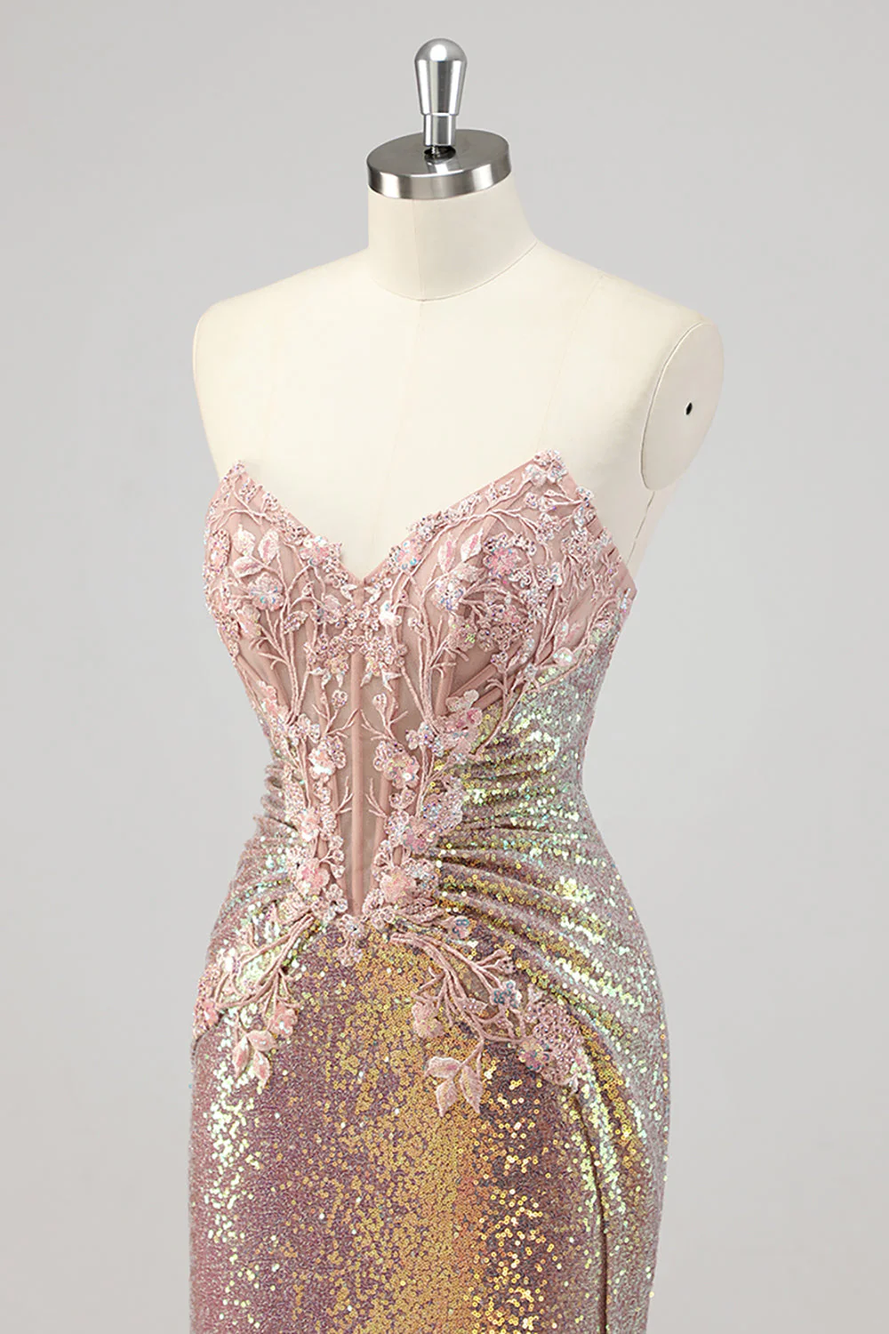 Strapless Mermaid Blush Corset Sequin Prom Dress - Image 6
