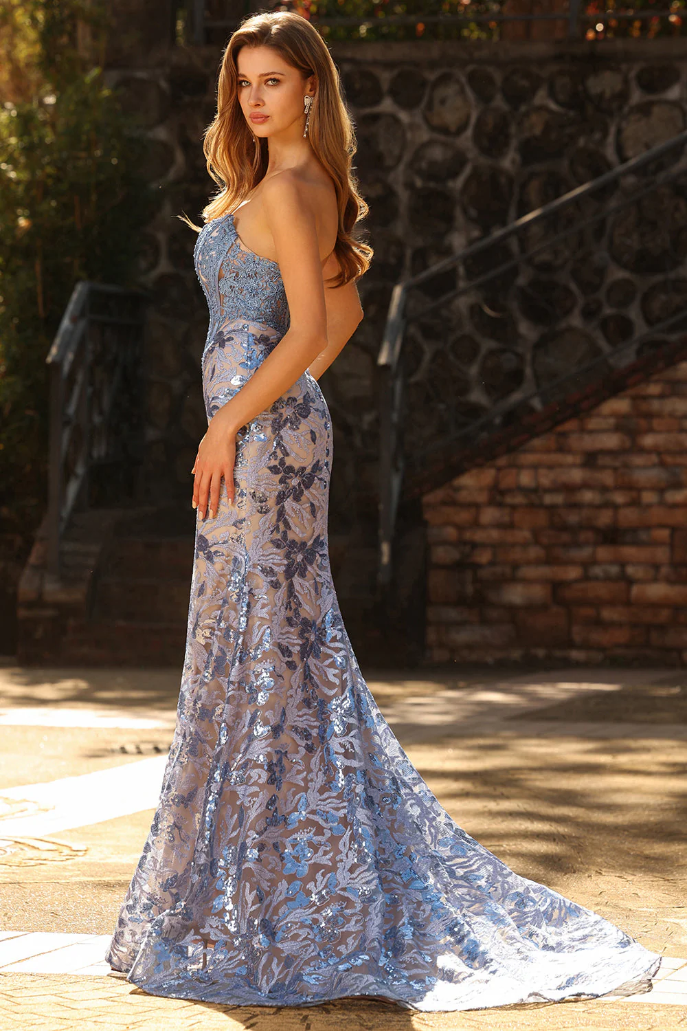 Strapless Mermaid Corset Grey Blue Embroidered Long Prom Dress with Sequins - Image 6
