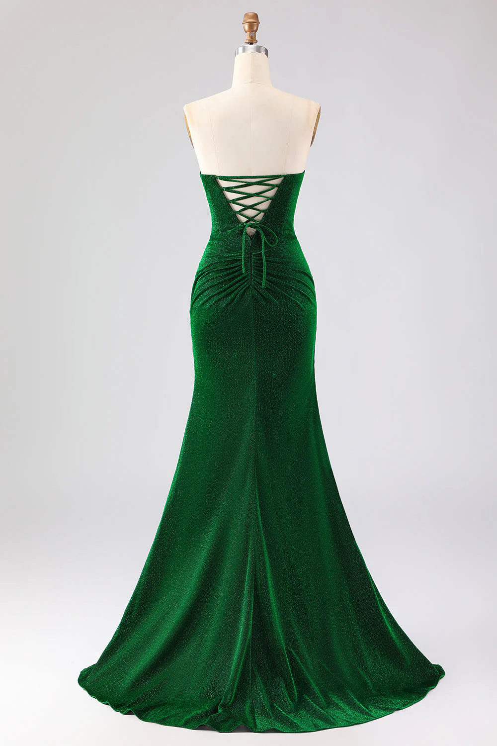 Strapless Mermaid Dark Green Ruched Satin Long Prom Dress with Lace Up Back - Image 2