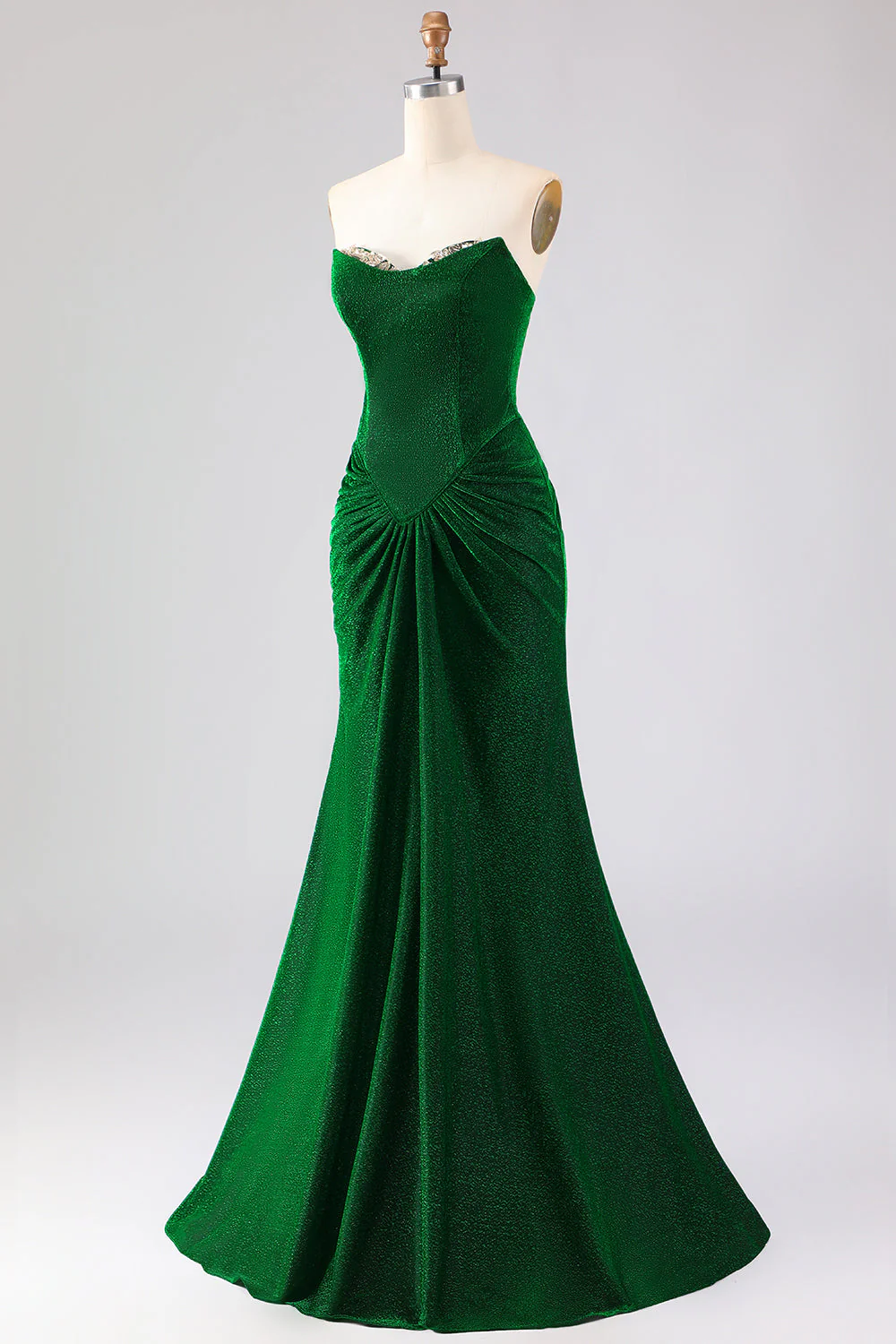 Strapless Mermaid Dark Green Ruched Satin Long Prom Dress with Lace Up Back - Image 3