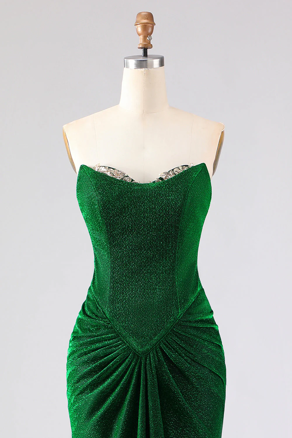 Strapless Mermaid Dark Green Ruched Satin Long Prom Dress with Lace Up Back - Image 4